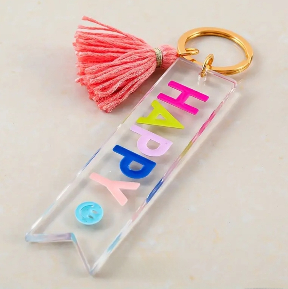 🆕 Long HAPPY Clear Acrylic Colorful Keychain with Pink Tassel Gold